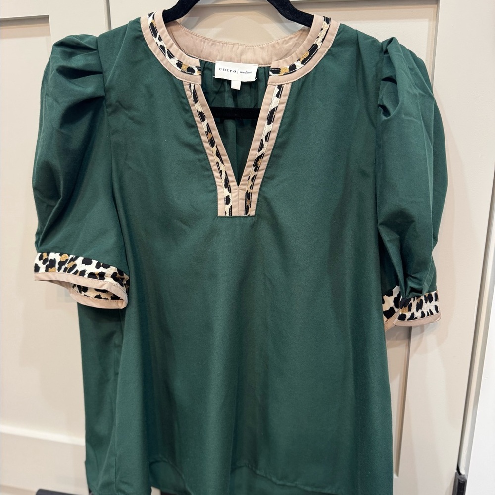 entro Emerald Puff-Sleeve Blouse with Leopard-Trim Accents